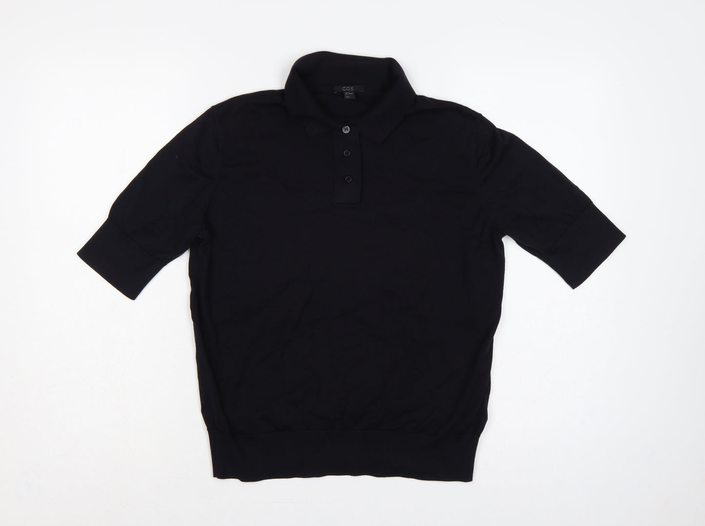 COS Women Black M Silk Cotton Collared Short Sleeve Henley Jumper