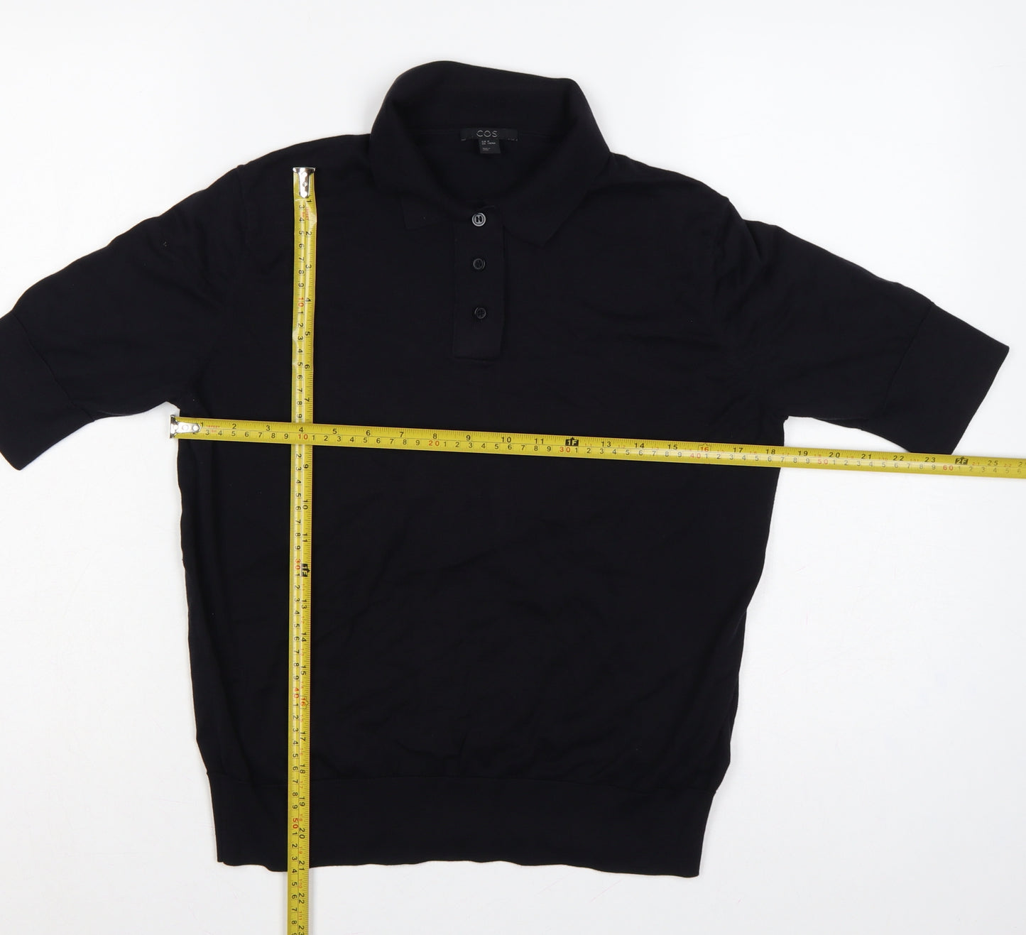 COS Women Black M Silk Cotton Collared Short Sleeve Henley Jumper