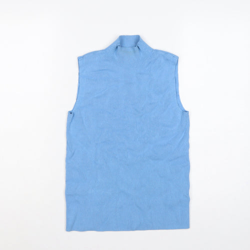 Marks & Spencer Women Blue UK 12 Ribbed Sleeveless Mock Neck Vest Jumper