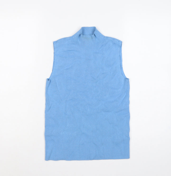 Marks & Spencer Women Blue UK 12 Ribbed Sleeveless Mock Neck Vest Jumper