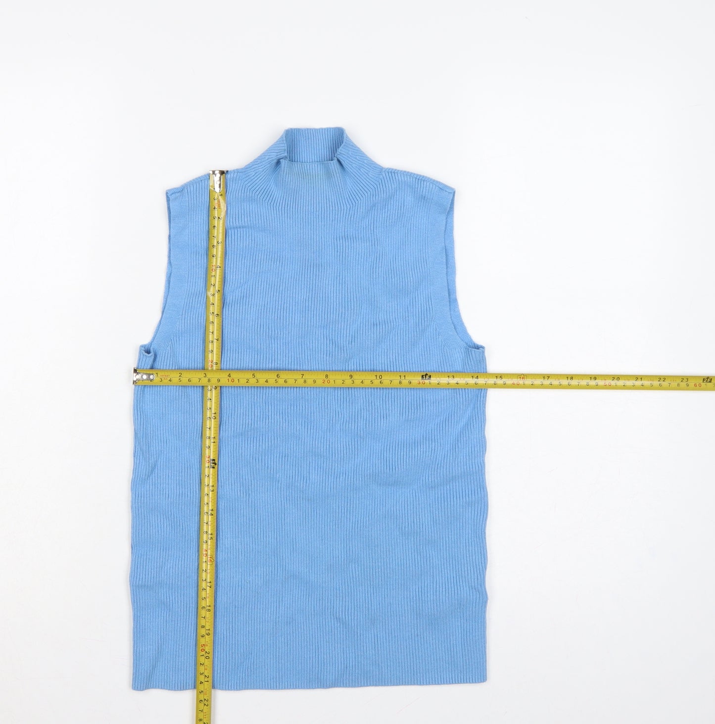 Marks & Spencer Women Blue UK 12 Ribbed Sleeveless Mock Neck Vest Jumper