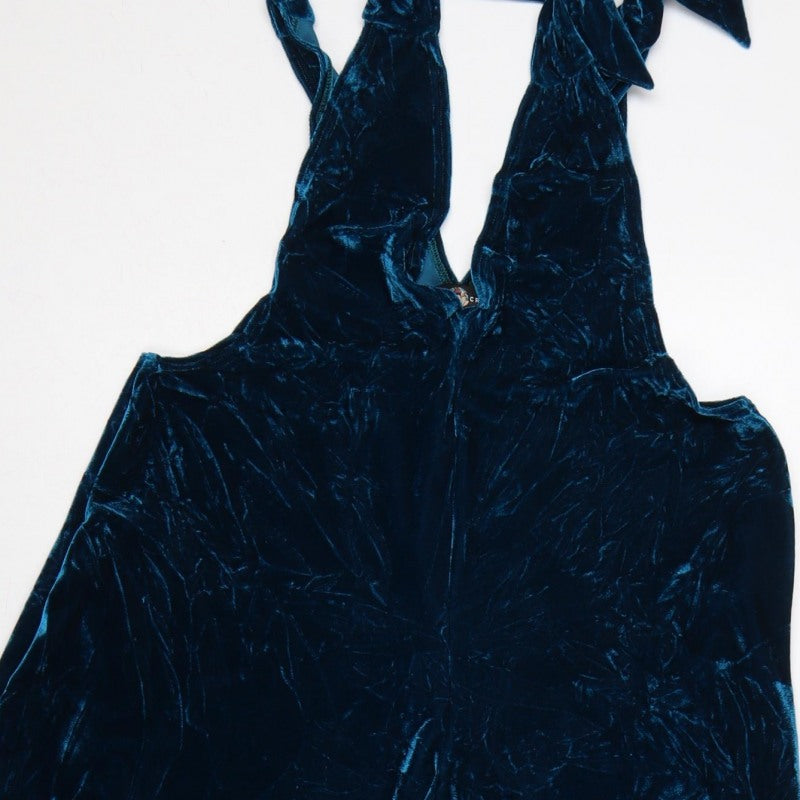 Megan Crook Women Blue S Velvet Halter Wide-Leg Jumpsuit