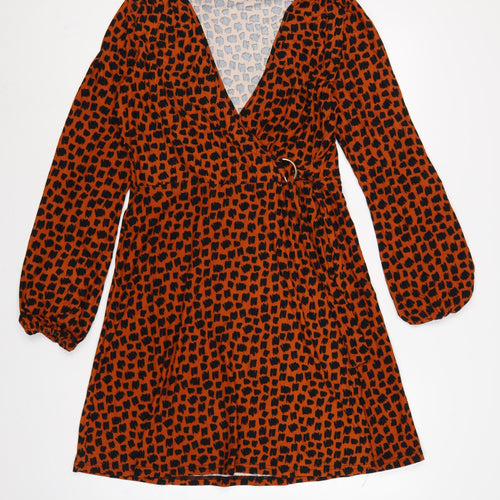 QED London Women Orange Animal Print Wrap Dress UK 14 Long Sleeve