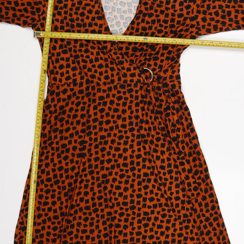 QED London Women Orange Animal Print Wrap Dress UK 14 Long Sleeve