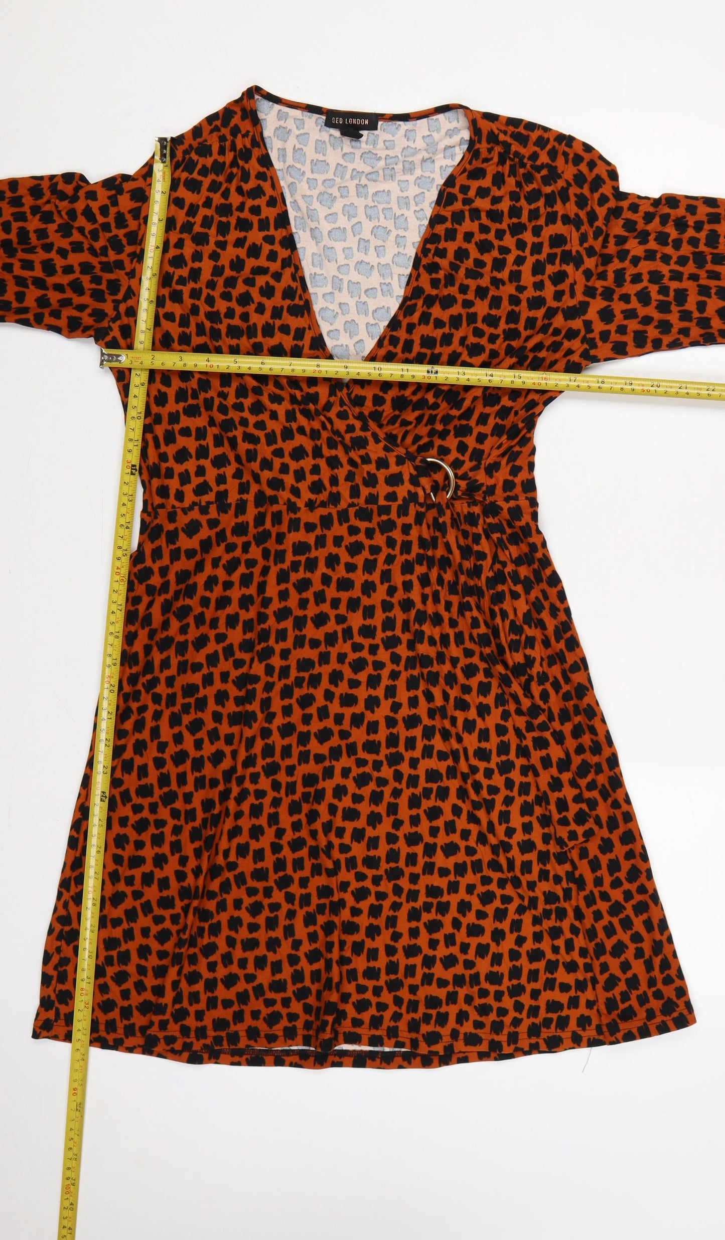 QED London Women Orange Animal Print Wrap Dress UK 14 Long Sleeve