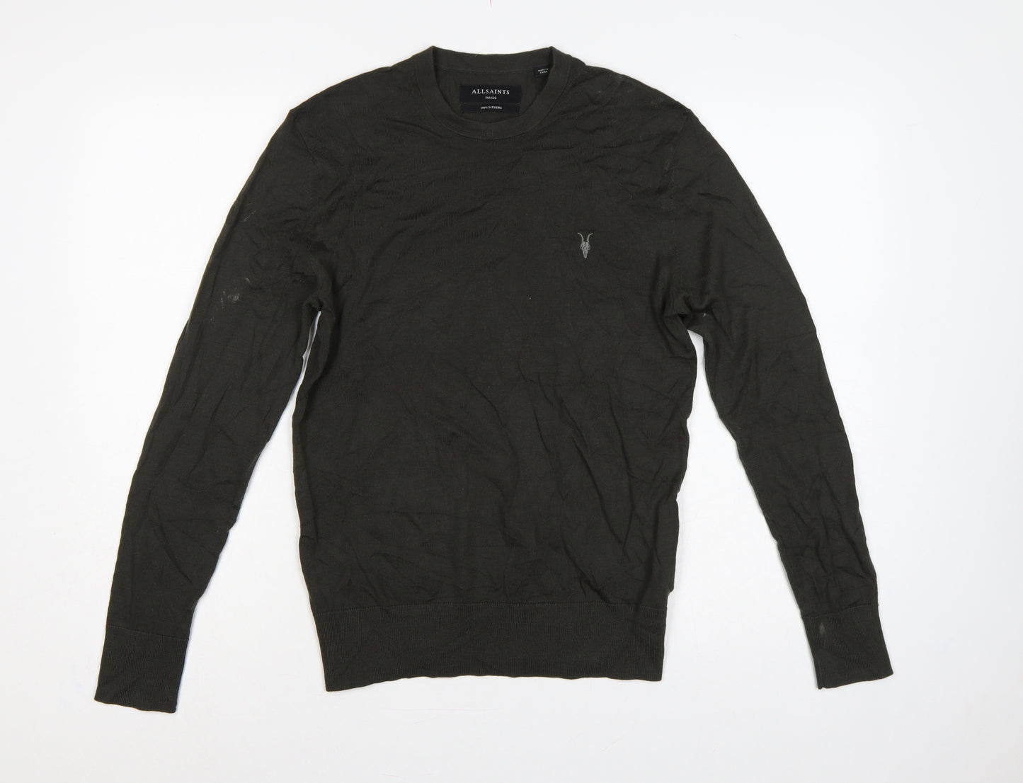 AllSaints Men’s Black Merino Wool Crew Neck Slim Pullover Jumper S