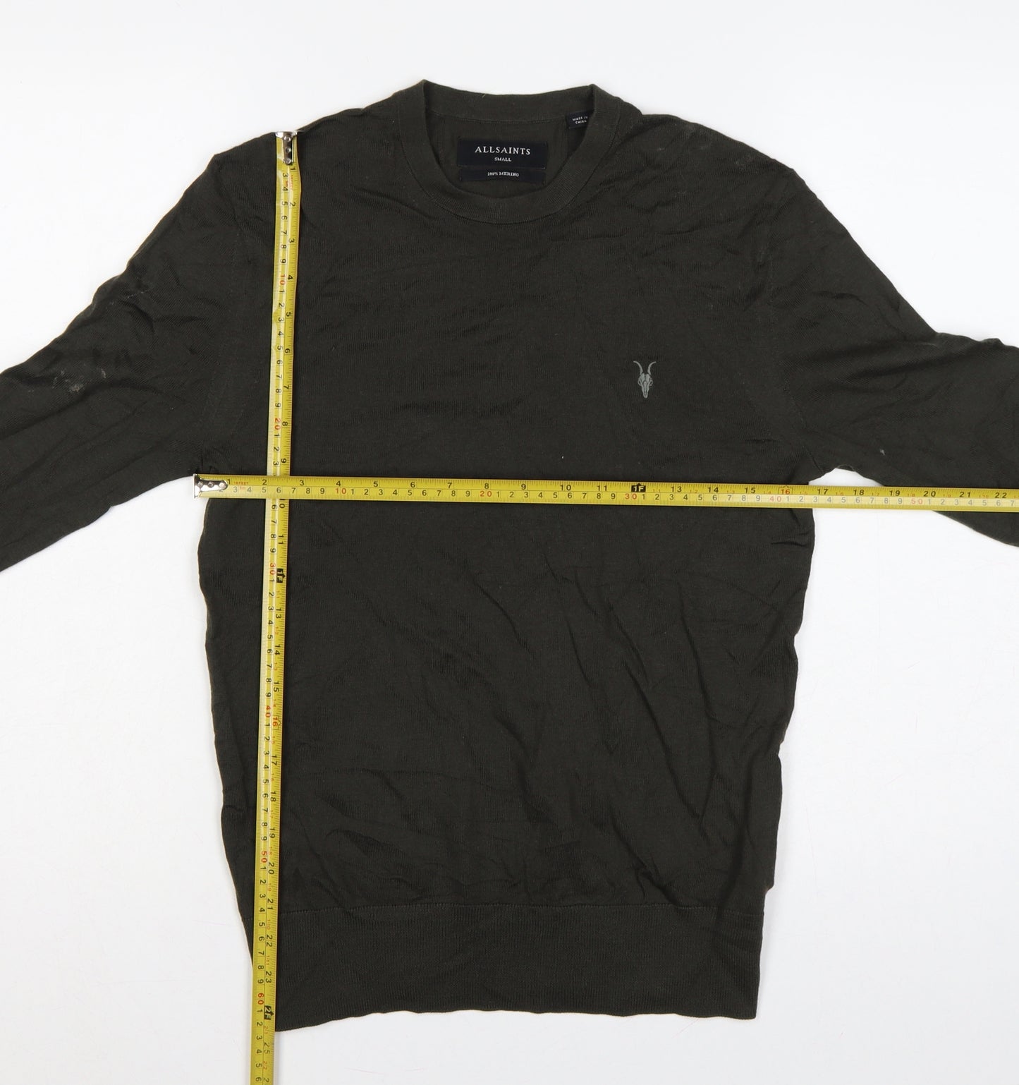 AllSaints Men’s Black Merino Wool Crew Neck Slim Pullover Jumper S