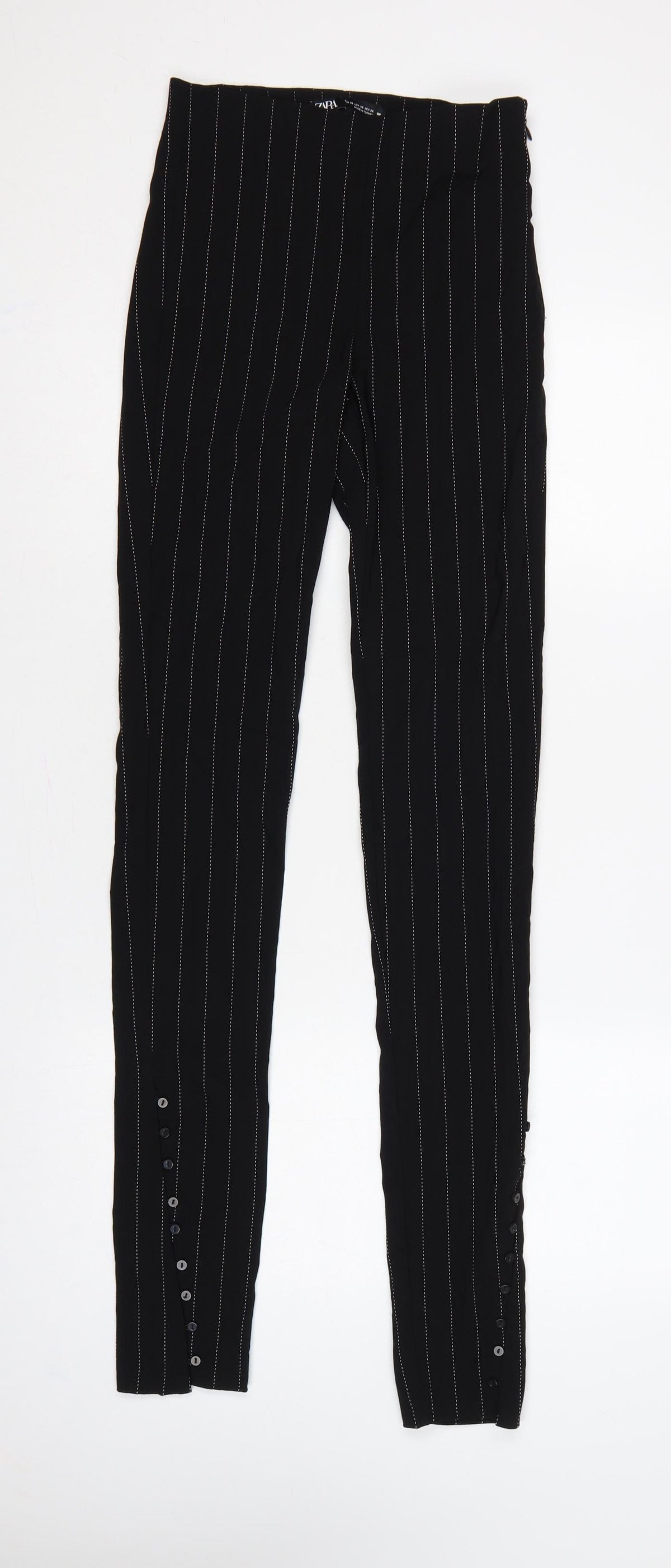 Zara Women Black XS Pinstripe High Waist Button Hem Leggings