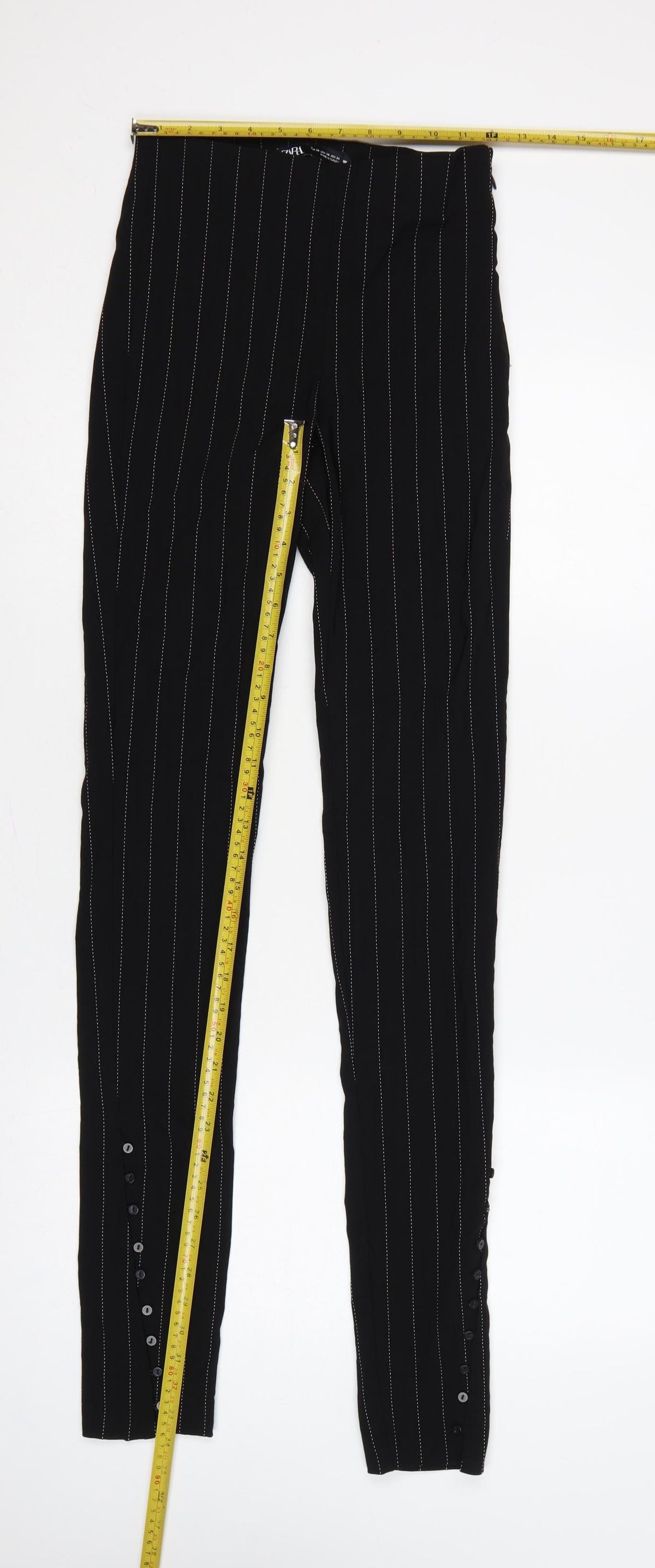 Zara Women Black XS Pinstripe High Waist Button Hem Leggings