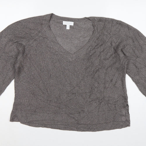 White Label The White Company Women Grey XL V-Neck Linen Knit Jumper