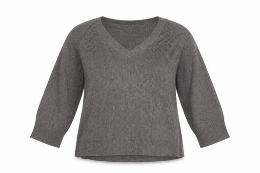 Front view of The White Company Women Grey XL V-Neck Linen Knit Jumper