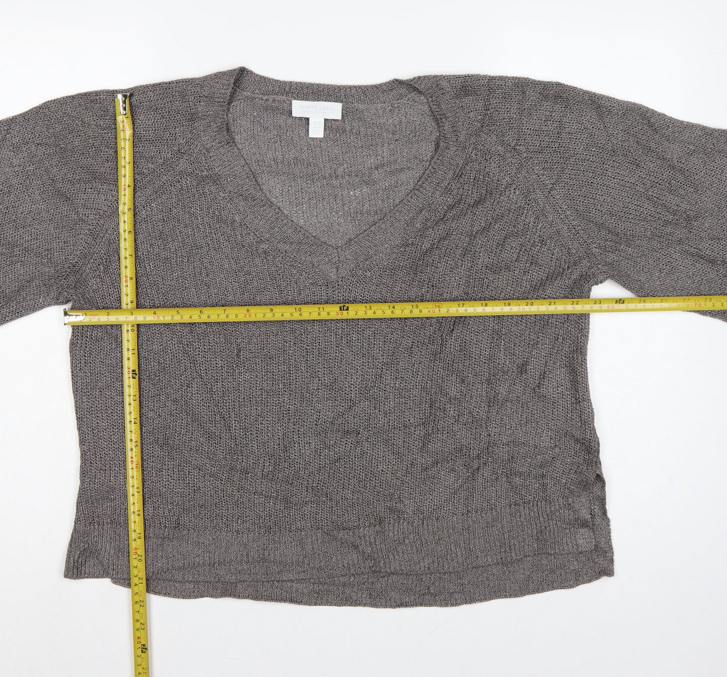 White Label The White Company Women Grey XL V-Neck Linen Knit Jumper