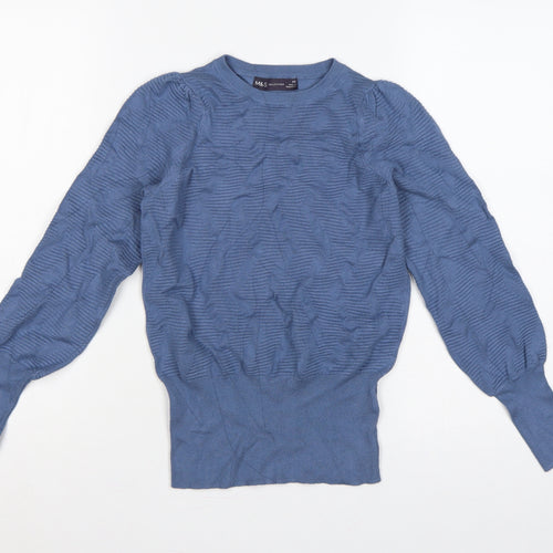 Marks & Spencer Women Blue XS Textured Knit Puff Sleeve Jumper