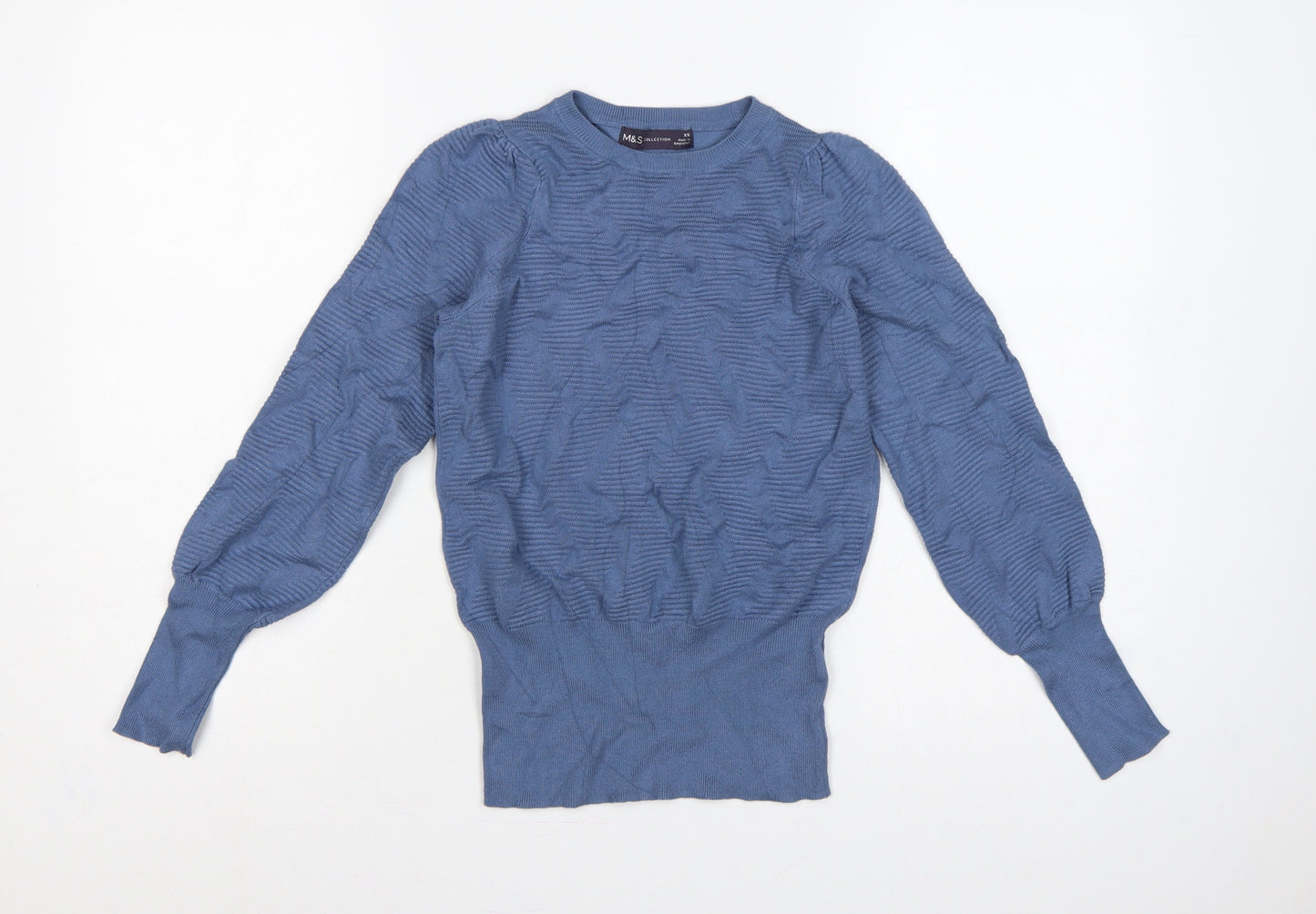 Marks & Spencer Women Blue XS Textured Knit Puff Sleeve Jumper