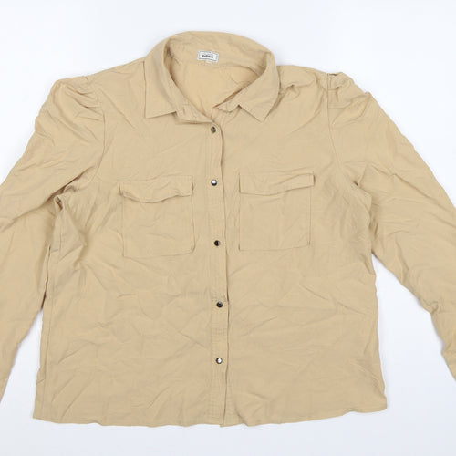 Pimkie Women Beige UK 10 Basic Long Sleeve Pocket Button-Up Shirt