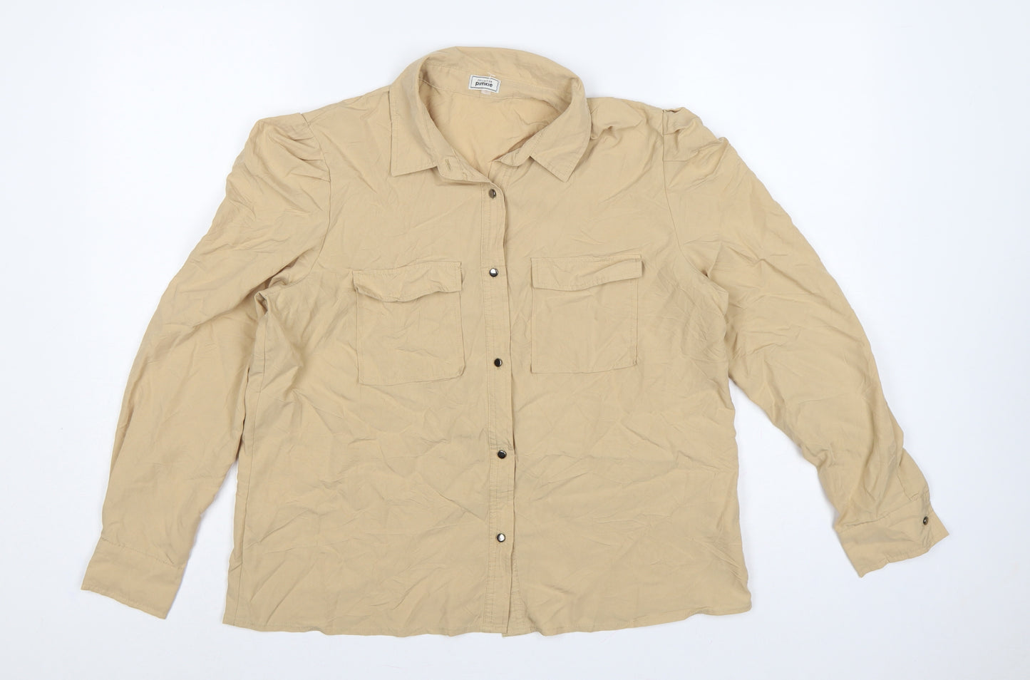 Pimkie Women Beige UK 10 Basic Long Sleeve Pocket Button-Up Shirt