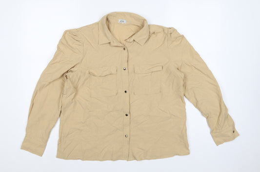 Pimkie Women Beige UK 10 Basic Long Sleeve Pocket Button-Up Shirt