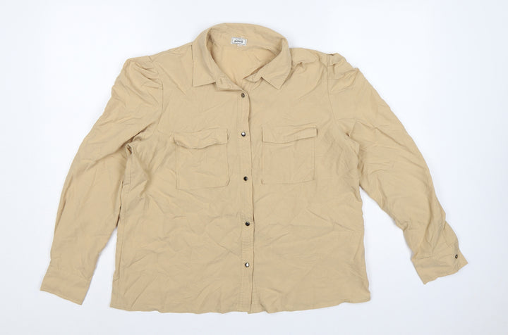 Pimkie Women Beige UK 10 Basic Long Sleeve Pocket Button-Up Shirt