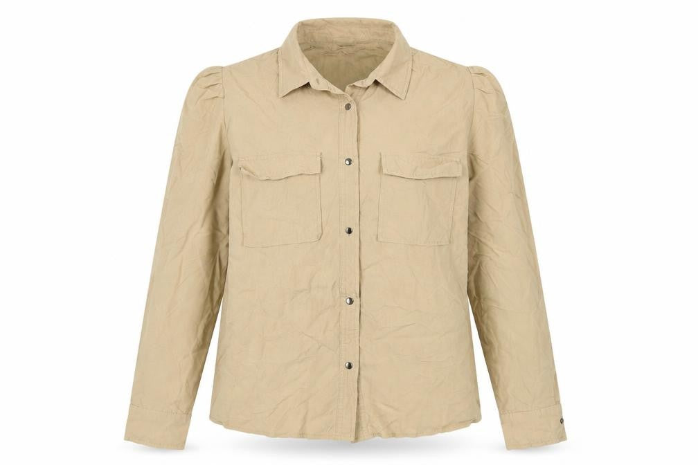 Front view of Pimkie Women Beige UK 10 Basic Long Sleeve Pocket Button-Up Shirt