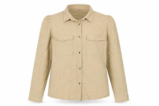 Pimkie Women Beige UK 10 Basic Long Sleeve Pocket Button-Up Shirt