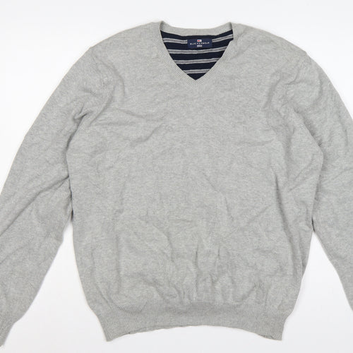 Marks and Spencer Men Grey Large V-Neck Cotton Knit Pullover Jumper