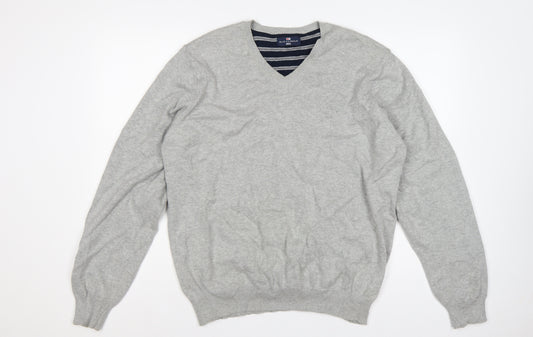 Marks and Spencer Men Grey Large V-Neck Cotton Knit Pullover Jumper