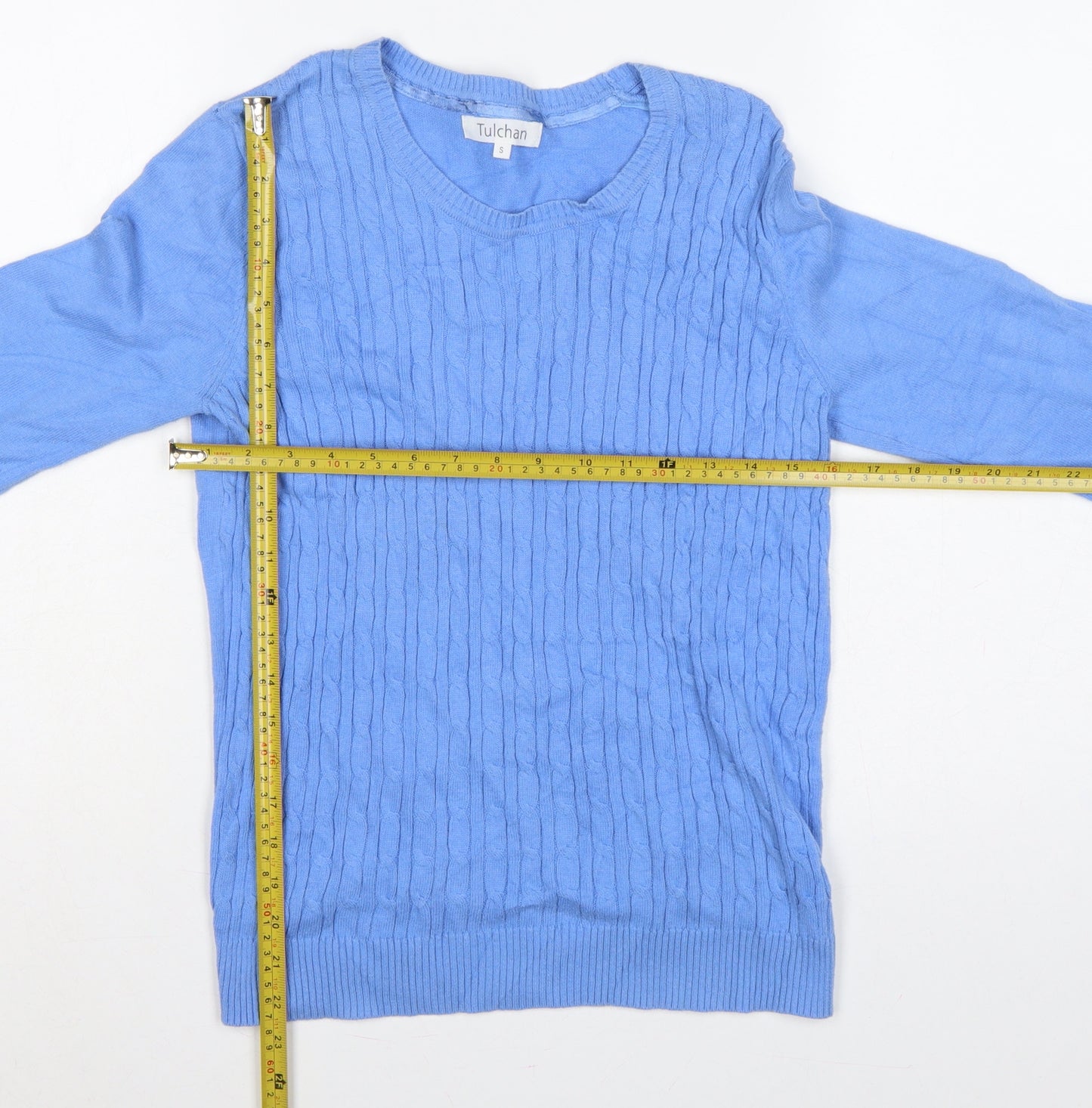 Tulchan Women’s Blue S Cable Knit Cotton Round Neck Jumper