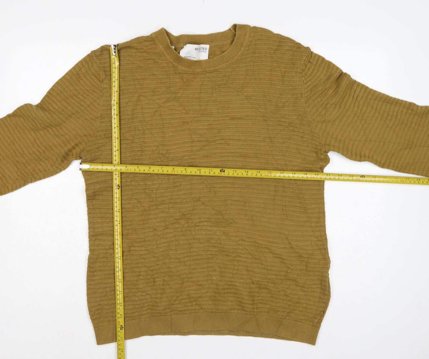 Selected Homme Men's Brown L Cotton Textured Knit Crew Neck Pullover