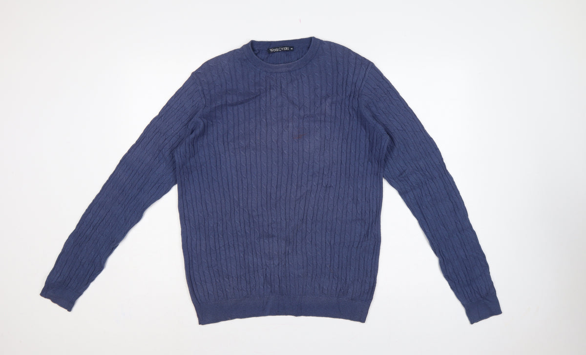 Back view of WoolOvers men’s blue m cable knit crew neck long sleeve jumper