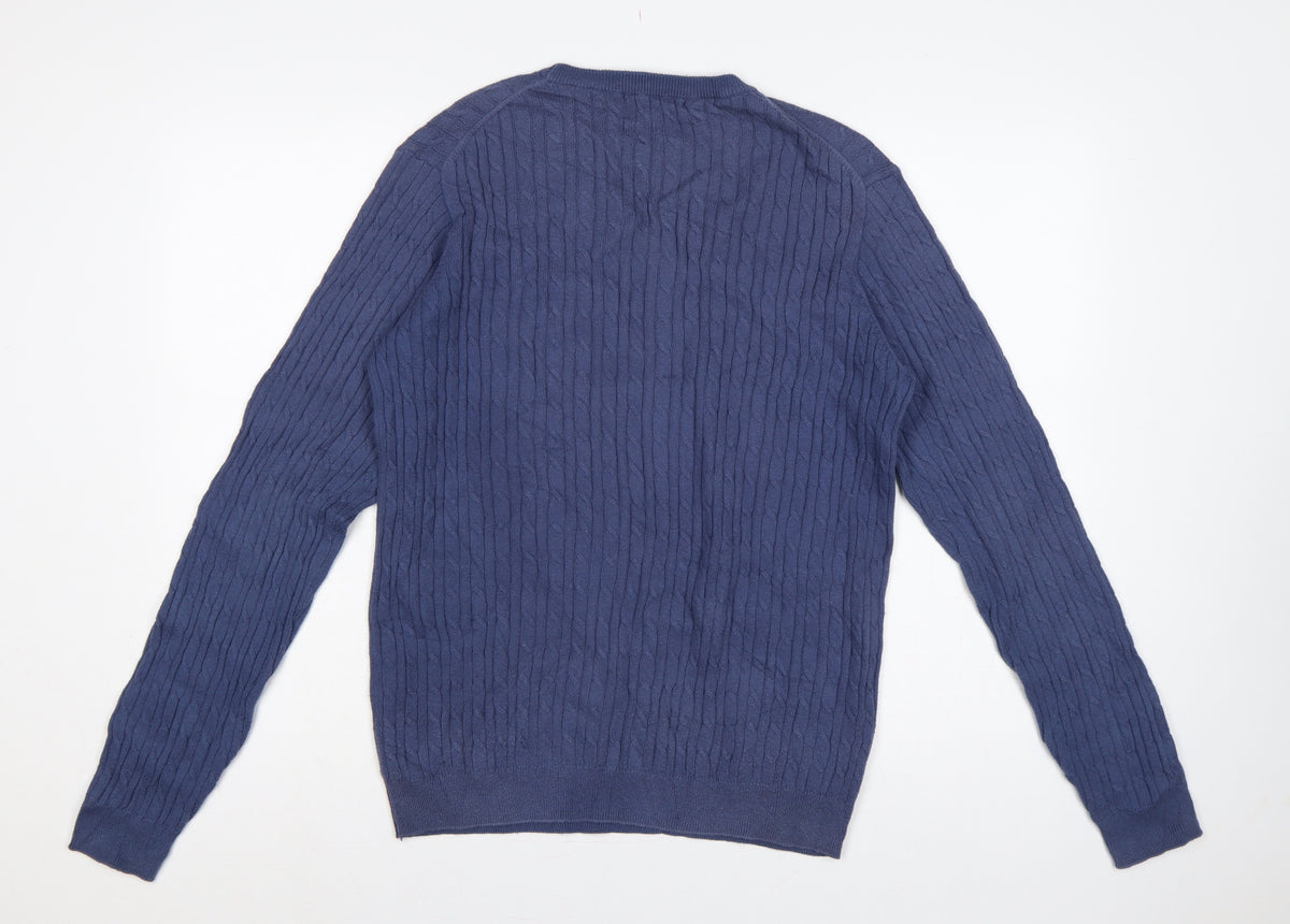 Brand and care label for WoolOvers men’s blue m cable knit crew neck long sleeve jumper