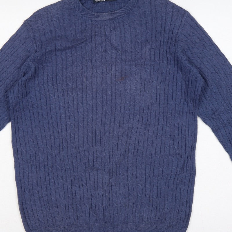 Additional view of WoolOvers men’s blue m cable knit crew neck long sleeve jumper