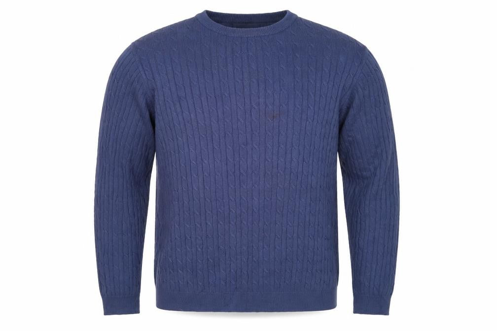 Front view of WoolOvers men’s blue m cable knit crew neck long sleeve jumper
