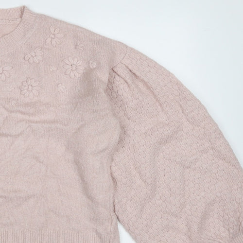 Oasis Women Pink M Floral Knit Balloon Sleeve Crew Neck Jumper