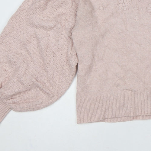 Oasis Women Pink M Floral Knit Balloon Sleeve Crew Neck Jumper