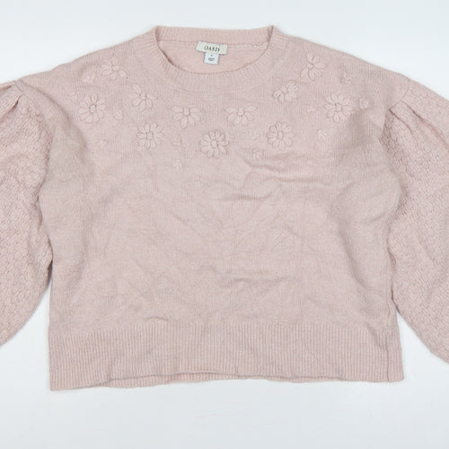 Oasis Women Pink M Floral Knit Balloon Sleeve Crew Neck Jumper