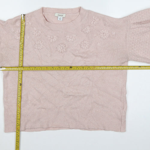 Oasis Women Pink M Floral Knit Balloon Sleeve Crew Neck Jumper
