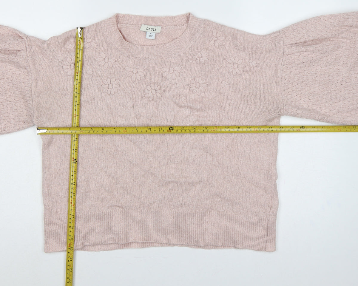 Oasis Women Pink M Floral Knit Balloon Sleeve Crew Neck Jumper