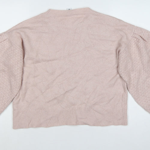Oasis Women Pink M Floral Knit Balloon Sleeve Crew Neck Jumper