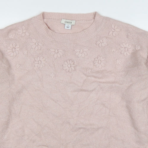 Oasis Women Pink M Floral Knit Balloon Sleeve Crew Neck Jumper