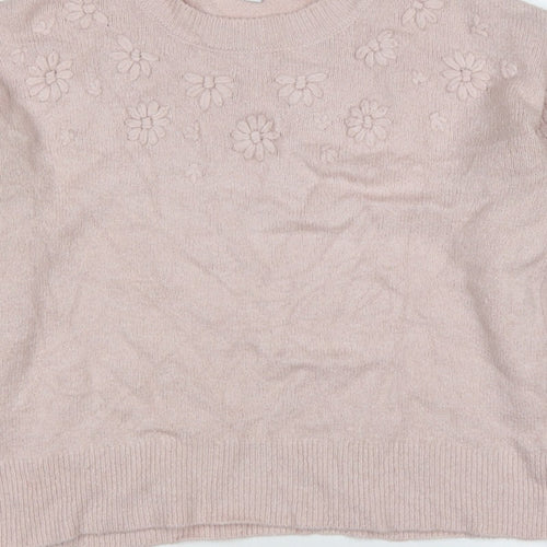 Oasis Women Pink M Floral Knit Balloon Sleeve Crew Neck Jumper