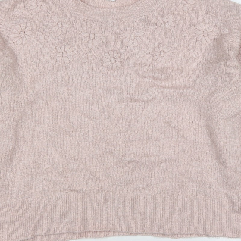 Oasis Women Pink M Floral Knit Balloon Sleeve Crew Neck Jumper