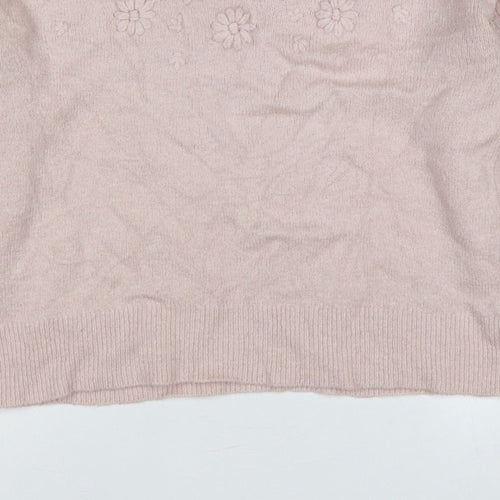 Oasis Women Pink M Floral Knit Balloon Sleeve Crew Neck Jumper