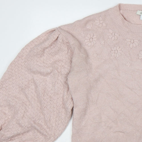 Oasis Women Pink M Floral Knit Balloon Sleeve Crew Neck Jumper