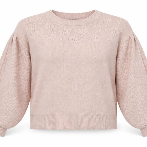 Oasis Women Pink M Floral Knit Balloon Sleeve Crew Neck Jumper
