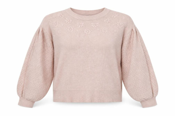 Oasis Women Pink M Floral Knit Balloon Sleeve Crew Neck Jumper