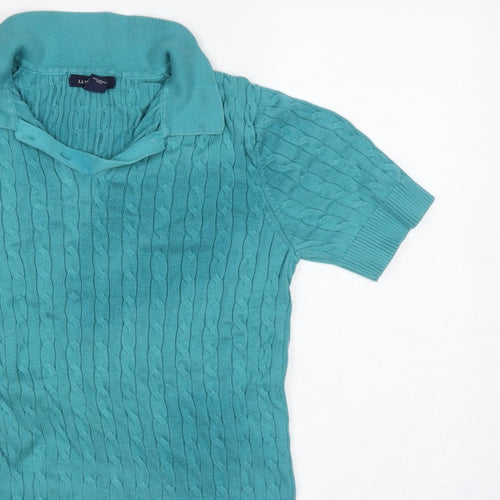 Lands' End Women Blue S Cable Knit Short Sleeve Collared Henley Jumper