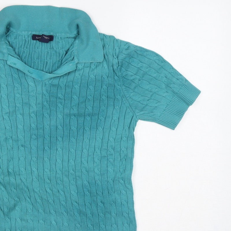 Lands' End Women Blue S Cable Knit Short Sleeve Collared Henley Jumper