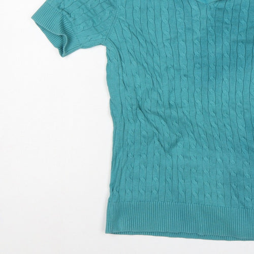 Lands' End Women Blue S Cable Knit Short Sleeve Collared Henley Jumper