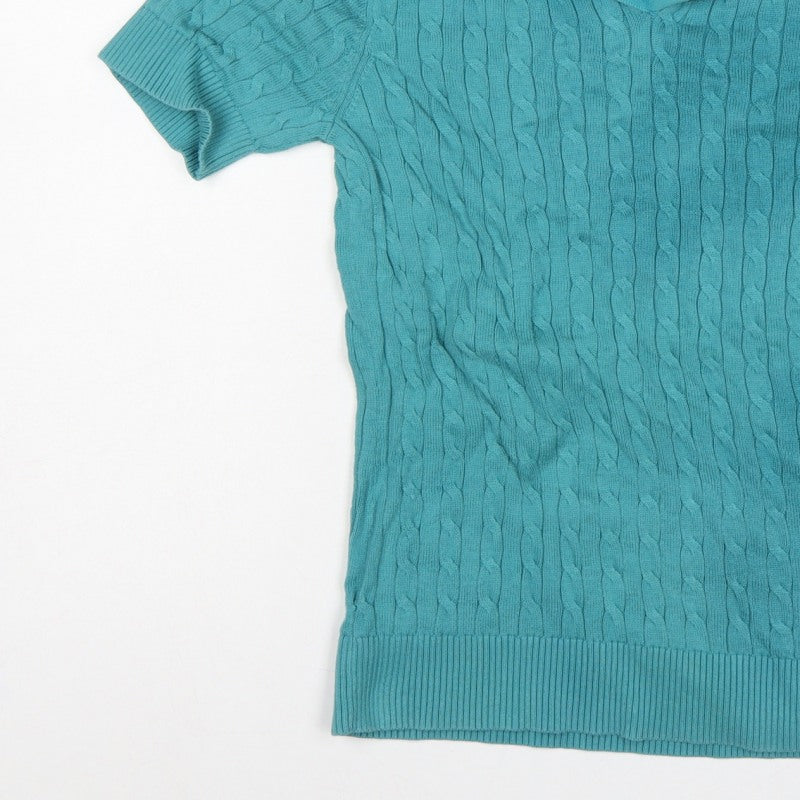 Lands' End Women Blue S Cable Knit Short Sleeve Collared Henley Jumper