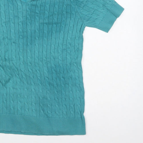 Lands' End Women Blue S Cable Knit Short Sleeve Collared Henley Jumper
